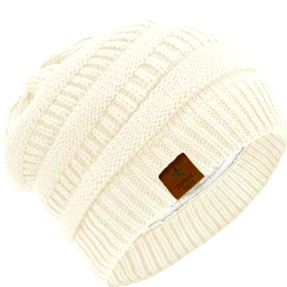 Durio Super Star Adult Sherpa Lined Beanie Set - Ivory & Burgundy EUC - Picture 2 of 4